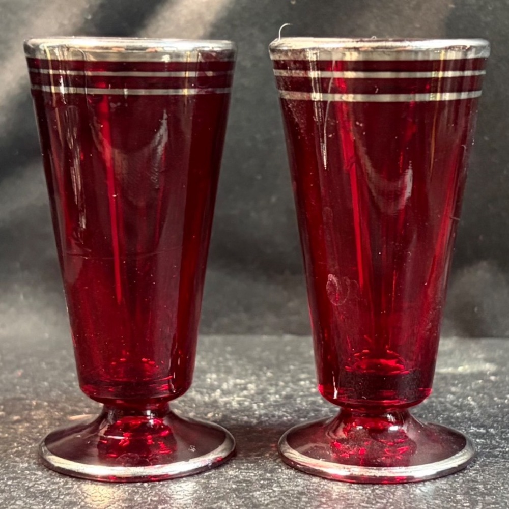 Vintage Ruby Red Glass Silver Overlay Art Deco Cordial Shot Glasses Pair